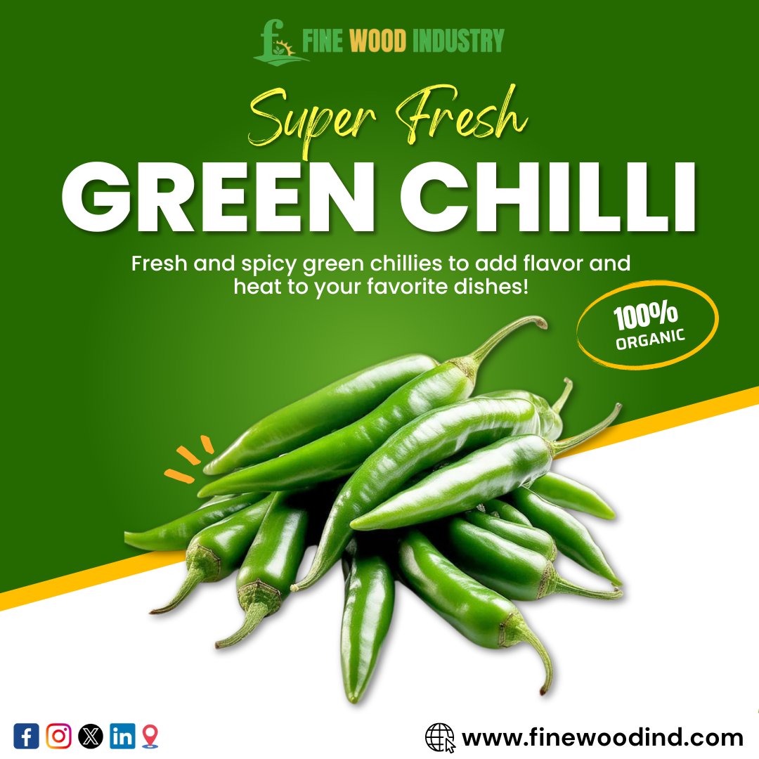 FineWoodInd's tweet photo. Turn up the heat with our premium green chillies! Perfect for adding spice, flavour, and aroma to your meals, these fresh chillies bring a bold kick to every bite. Whether in salsas, curries, or stir-fries, they’re a must-have for your kitchen!

Website - https://t.co/AjCaDfs2Vl https://t.co/3R8WoG8n6i