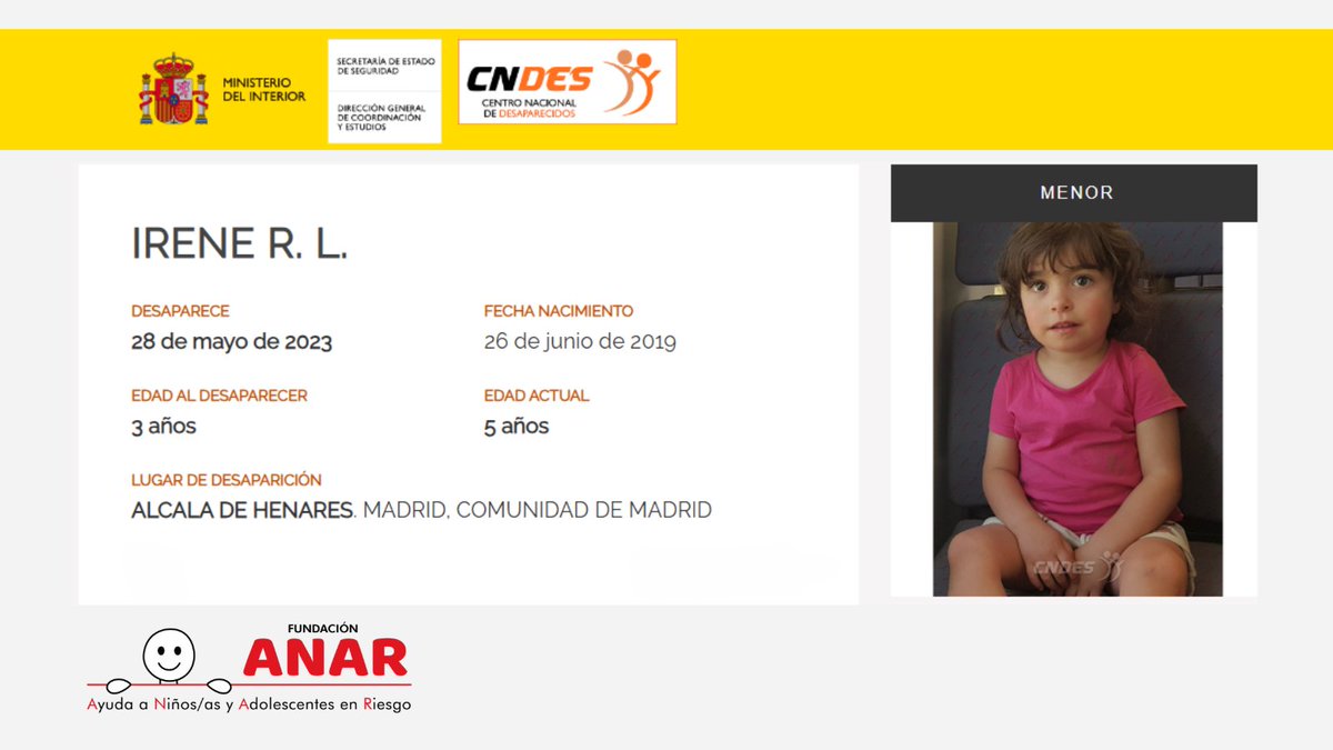 FundacionANAR's tweet photo. 📢 ALERTA: Menor de edad desaparecida en Madrid @cndes_oficial 

Para casos de menores de edad desaparecidos/as, contacta al 116 000.

#Desaparecidos #CNDES https://t.co/qJrIYRAz1X