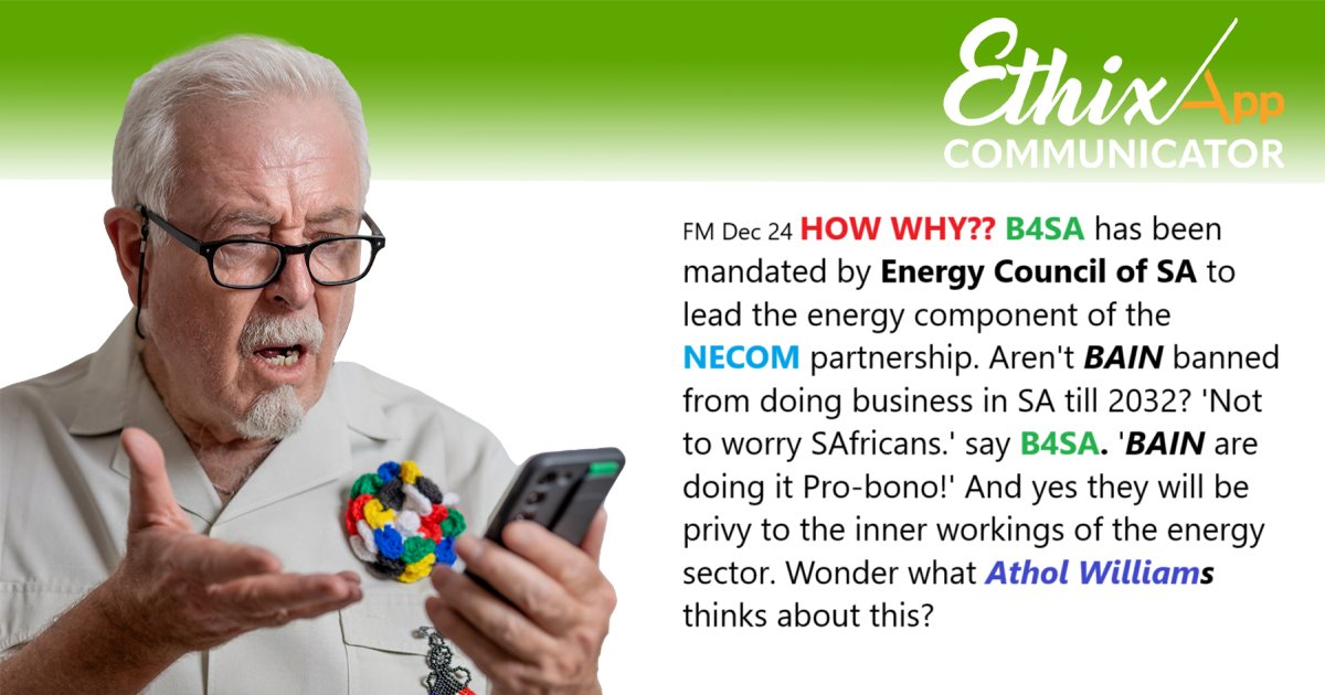 HOW WHY?? 

B4SA has been mandated by Energy Council of SA to lead the energy component of the NECOM partnership. 

Wonder what Athol Williams thinks about this?

Source FM Dec 24 

#ethixapp
#communicator
#FinancialMail
#talkingethix
#theethicsinstitute