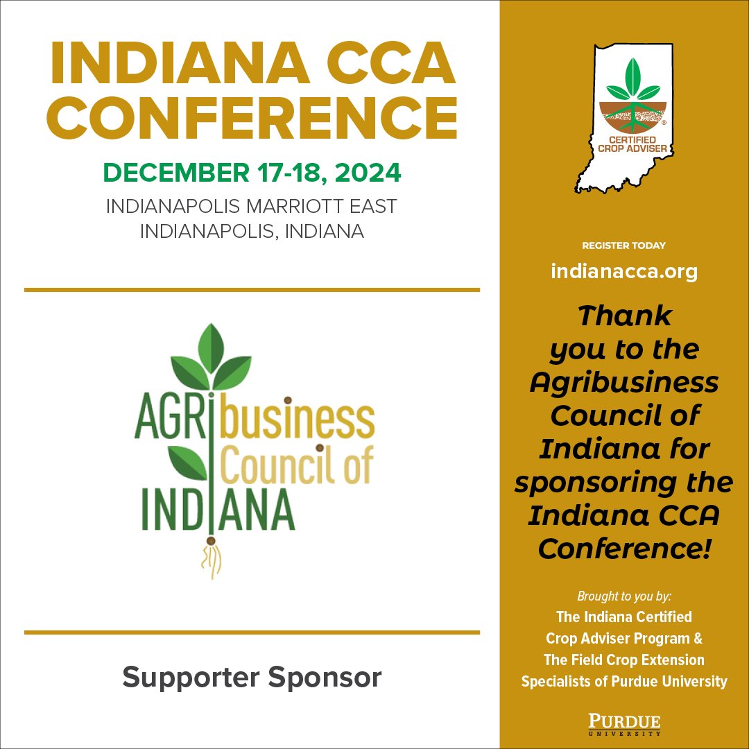 IndianaCCA's tweet image. Thank you to Agribusiness Council of Indiana for sponsoring the 2024 Indiana CCA Conference. To learn more about the 2024 Indiana CCA Conference sponsors, please visit: indianacca.org/Conference/Spo… #InCCA2024 #IndianaCCA #CertifiedCropAdvisers
