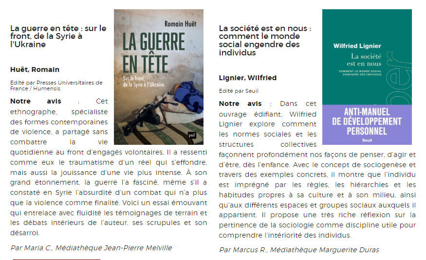 Régis Bar (@regbarf) on Twitter photo Les livres de <a href="/vincentcocquebe/">Vincent Cocquebert</a>, <a href="/marwanormalzup/">Marwan Mohammed</a>, <a href="/gabriel_dorthe/">Gabriel Dorthe</a>, @KauffmannAlexa2, <a href="/julie_pagis/">Julie Pagis</a>, <a href="/huet_romain/">romain huet</a>... sont parmi les coups de cœur "Sciences sociales" annuels des bibliothèques de la Ville de Paris
bibliotheques.paris.fr/2024/les-coups…
<a href="/BibParis/">Bibliothèques de Paris</a> Les livres de <a href="/vincentcocquebe/">Vincent Cocquebert</a>, <a href="/marwanormalzup/">Marwan Mohammed</a>, <a href="/gabriel_dorthe/">Gabriel Dorthe</a>, @KauffmannAlexa2, <a href="/julie_pagis/">Julie Pagis</a>, <a href="/huet_romain/">romain huet</a>... sont parmi les coups de cœur "Sciences sociales" annuels des bibliothèques de la Ville de Paris
bibliotheques.paris.fr/2024/les-coups…
<a href="/BibParis/">Bibliothèques de Paris</a>