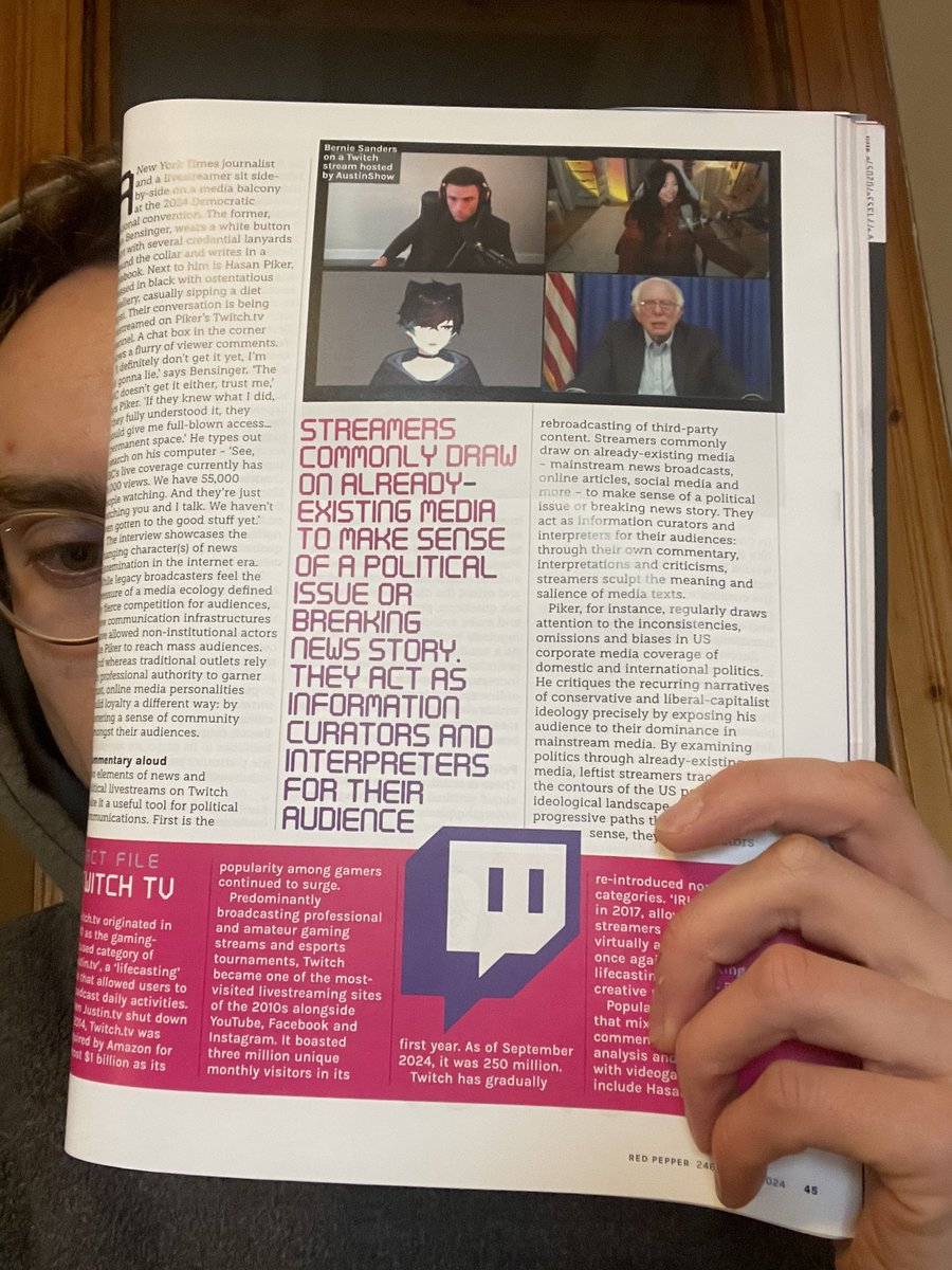 I have a piece in the Winter 2024 <a href="/RedPeppermag/">Red Pepper Media</a> on political live-streaming and the status of left culture on Twitch.tv!

Will be available to read soon at redpepper.org.uk