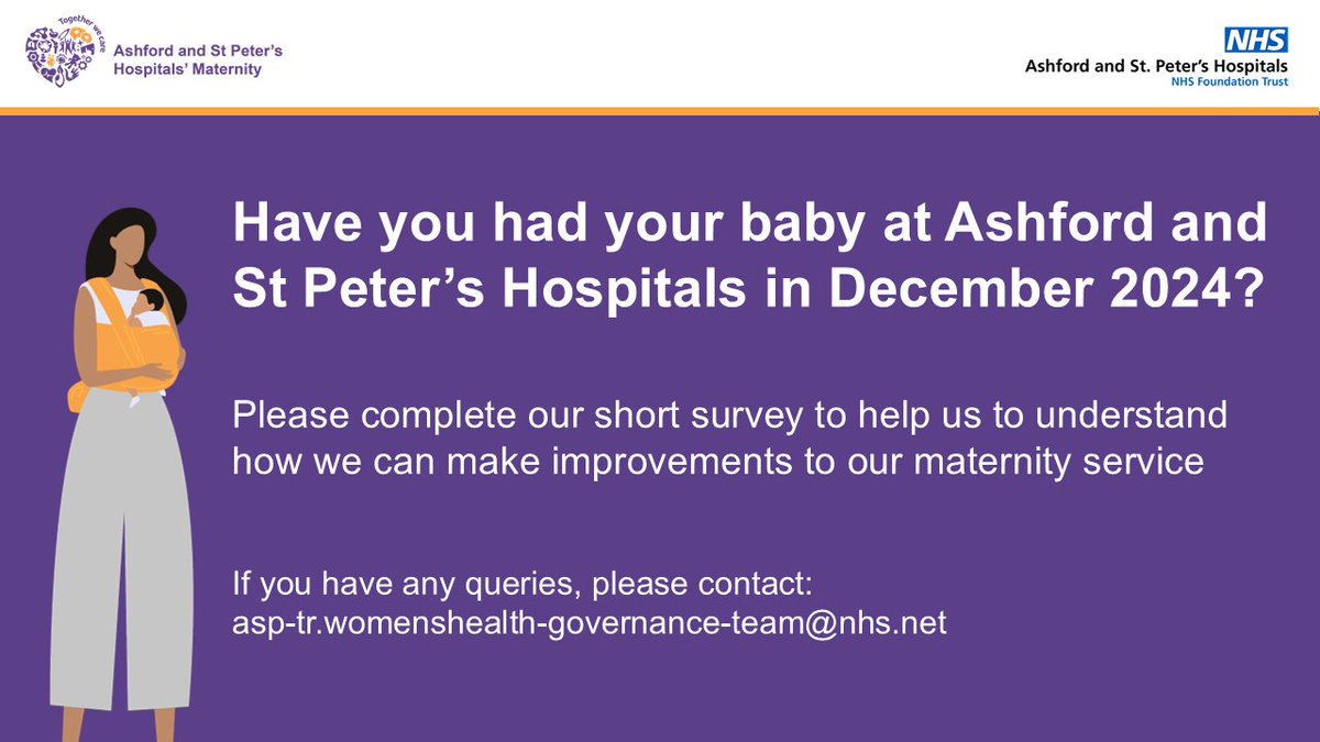 Have you had your baby at Ashford and St Peter's Hospitals during December 2024? 👩‍🍼

We'd really welcome your thoughts - please complete our short survey to help us understand where we can make improvements to our maternity service

Link in the comments ⬇️