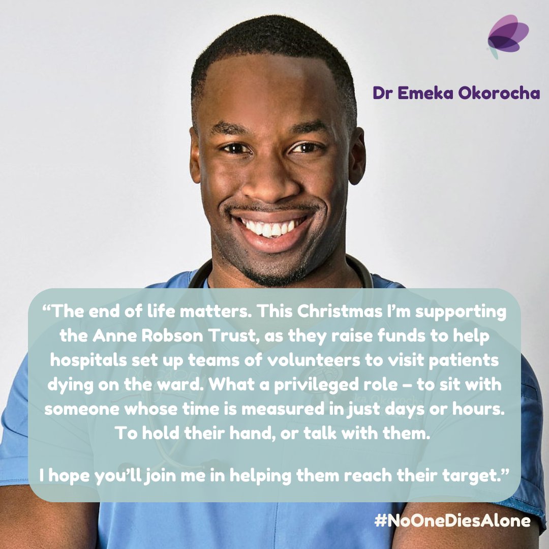 Anne Robson Trust (@annerobsontrust) on Twitter photo We're so lucky to have <a href="/Doctor_Emeka/">Dr Emeka Okorocha</a> supporting our Christmas Appeal 🎄
This Christmas, please help us continue this vital work. Whatever you can donate will be one more step towards a world where no one dies alone.
For more info visit - annerobsontrust.org.uk/christmas-camp… We're so lucky to have <a href="/Doctor_Emeka/">Dr Emeka Okorocha</a> supporting our Christmas Appeal 🎄
This Christmas, please help us continue this vital work. Whatever you can donate will be one more step towards a world where no one dies alone.
For more info visit - annerobsontrust.org.uk/christmas-camp…