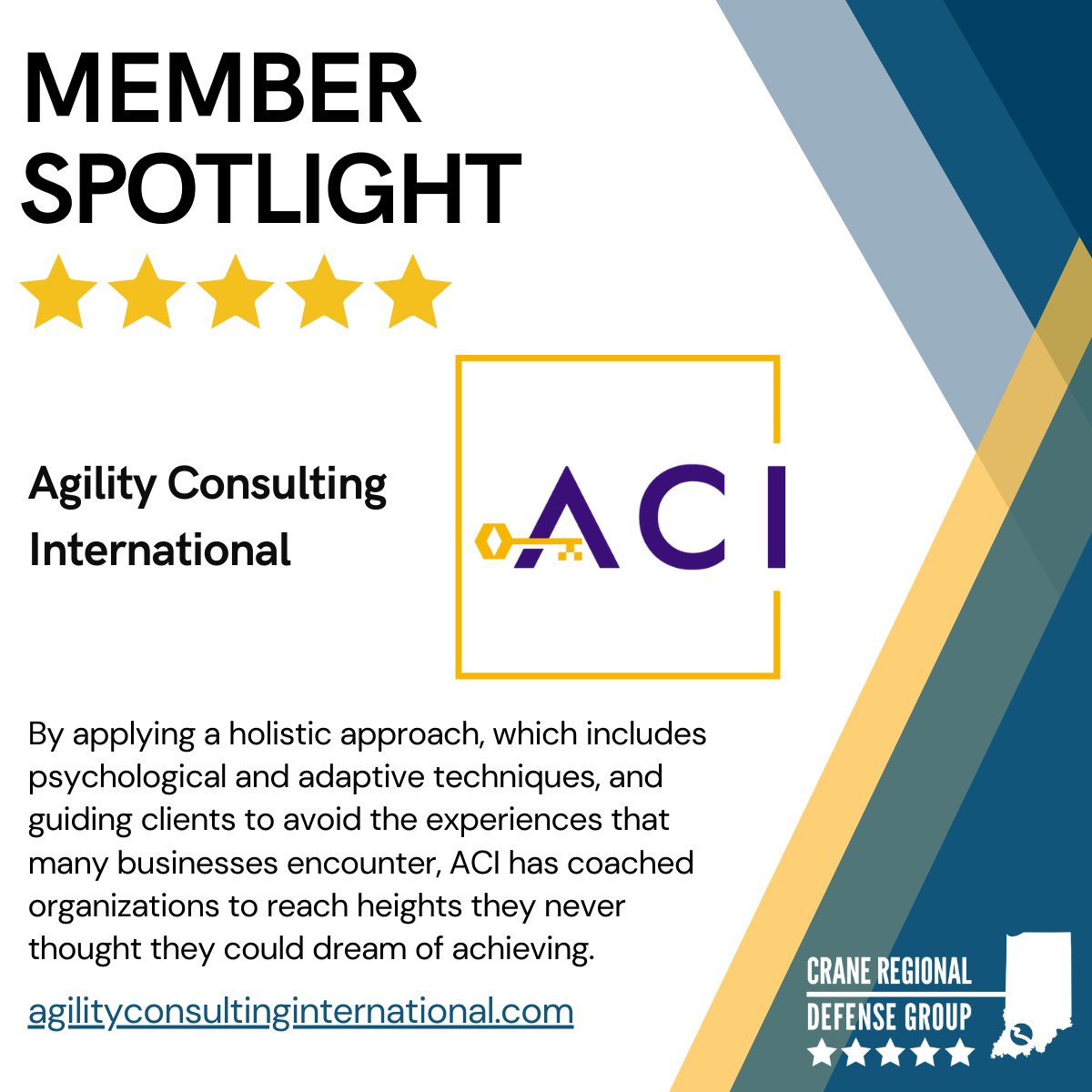 It's Five-Star Friday! Shoutout to <a href="/AgilityConsult2/">Agility Consulting International</a>! We couldn't do what we do, without amazing partners like you. Thank you for your support and enthusiasm for the southern Indiana defense ecosystem. agilityconsultinginternational.com

Become a CRDG member: craneregionaldefensegroup.org/membership