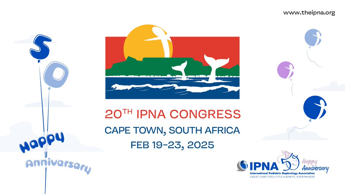 IPNA_PedNeph's tweet photo. 🌍 Marking 50 Years of IPNA’s Journey!

The 20th IPNA congress is set to take place in Cape Town, South Africa in 2025
🎈https://t.co/52yOSymuoe

Join us in celebrating this milestone and share your excitement for the future of pediatric nephrology
#pedneph #IPNA50 #anniversary https://t.co/FpPYR9Y3XU