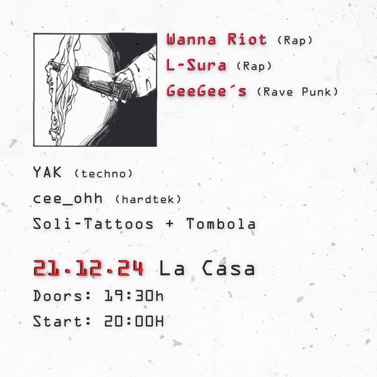 japmahe's tweet image. Samstag 21.12. - Jugend Antifa Party!!!

Tombola, Soli-Tattoos, Live-Acts, DJs! 🎉

Das  Jahr neigt sich dem Ende zu, und das bedeutet, es ist wieder Zeit für  eine Jugend Antifa Party! Freut euch auf die wundervollen Rap- und  Ravepunk-Acts L-Sura, Warna Riot und 
#b2112 (1/3)