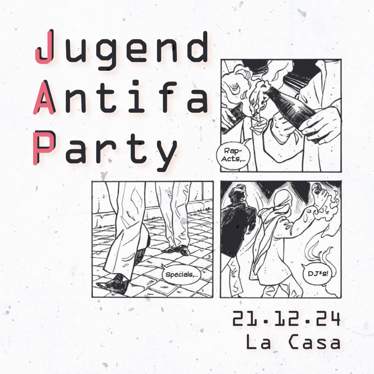 japmahe's tweet image. Samstag 21.12. - Jugend Antifa Party!!!

Tombola, Soli-Tattoos, Live-Acts, DJs! 🎉

Das  Jahr neigt sich dem Ende zu, und das bedeutet, es ist wieder Zeit für  eine Jugend Antifa Party! Freut euch auf die wundervollen Rap- und  Ravepunk-Acts L-Sura, Warna Riot und 
#b2112 (1/3)