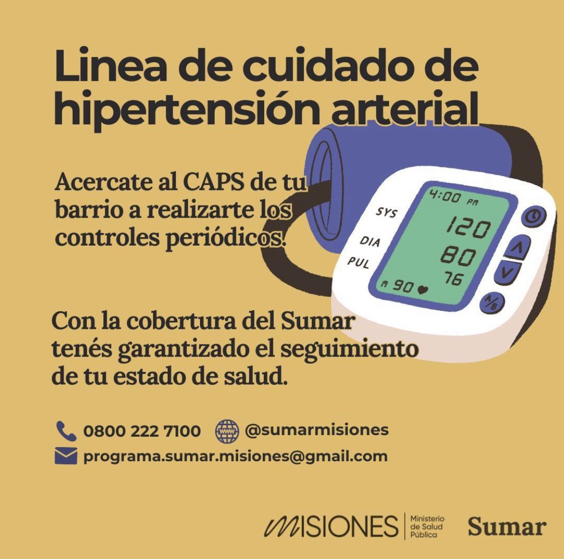 🩺 El Sumar, en su línea de cuidado de hipertensión arterial, garantiza que todas las personas a partir de los 18 años de edad puedan acceder al diagnóstico y tratamiento

🏥 Para hacer un seguimiento de tu estado de salud,  acercate al CAPS de tu barrio o al Hospital más cercano
