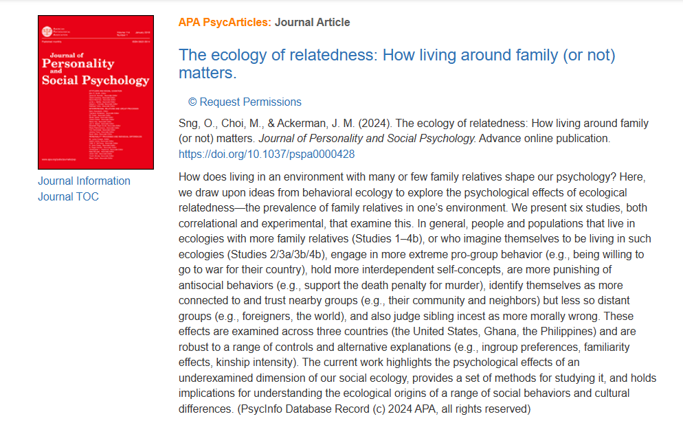 Besample (@besample_app) on Twitter photo ✨ A new JPSP paper based on Besample data! 📃
Our early users Oliver Sng, <a href="/MinyoungChoi_/">Minyoung Choi</a>, and <a href="/joshackman/">josh ackerman</a> just published a paper in JPSP 🎉 The authors examine how living around relatives shapes psychology and behavior. The study was conducted across three countries—the United ✨ A new JPSP paper based on Besample data! 📃
Our early users Oliver Sng, <a href="/MinyoungChoi_/">Minyoung Choi</a>, and <a href="/joshackman/">josh ackerman</a> just published a paper in JPSP 🎉 The authors examine how living around relatives shapes psychology and behavior. The study was conducted across three countries—the United