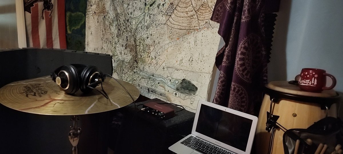 Bardfoxxx's tweet photo. For all my #Podcasters and #musicians out there, here's a a glimpse into where the madness of "Ope! Legends of Raspia!" hails from.

This is the cymbal I use for scrapes and dissonance, and in the background is an old map I made for a campaign I'm designing for our game (LoR)

🦊 https://t.co/ELfEfjvnP5