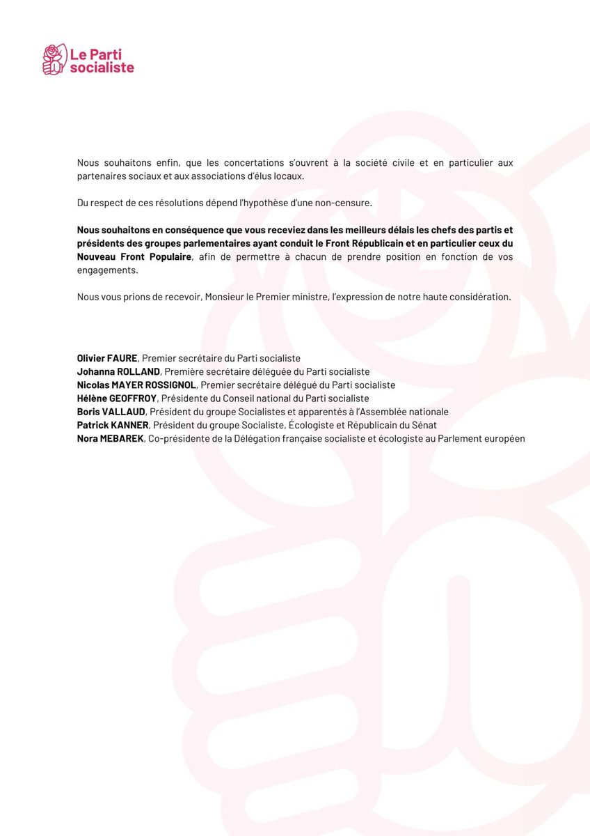 partisocialiste's tweet photo. Le Président aurait dû nommer un PM de gauche. Nous  demeurerons donc dans l'opposition.
 
Nous réclamons un changement de méthode et de cap politique qui déterminera notre positionnement. Nous demandons à François #Bayrou de recevoir les partis du #NFP et du front républicain ⤵️ https://t.co/ot6g06Ceqk