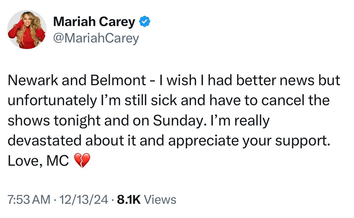 Important Update | Due to illness, Mariah Carey's show tonight at Prudential Center is cancelled.

More info at bit.ly/4iwGqId