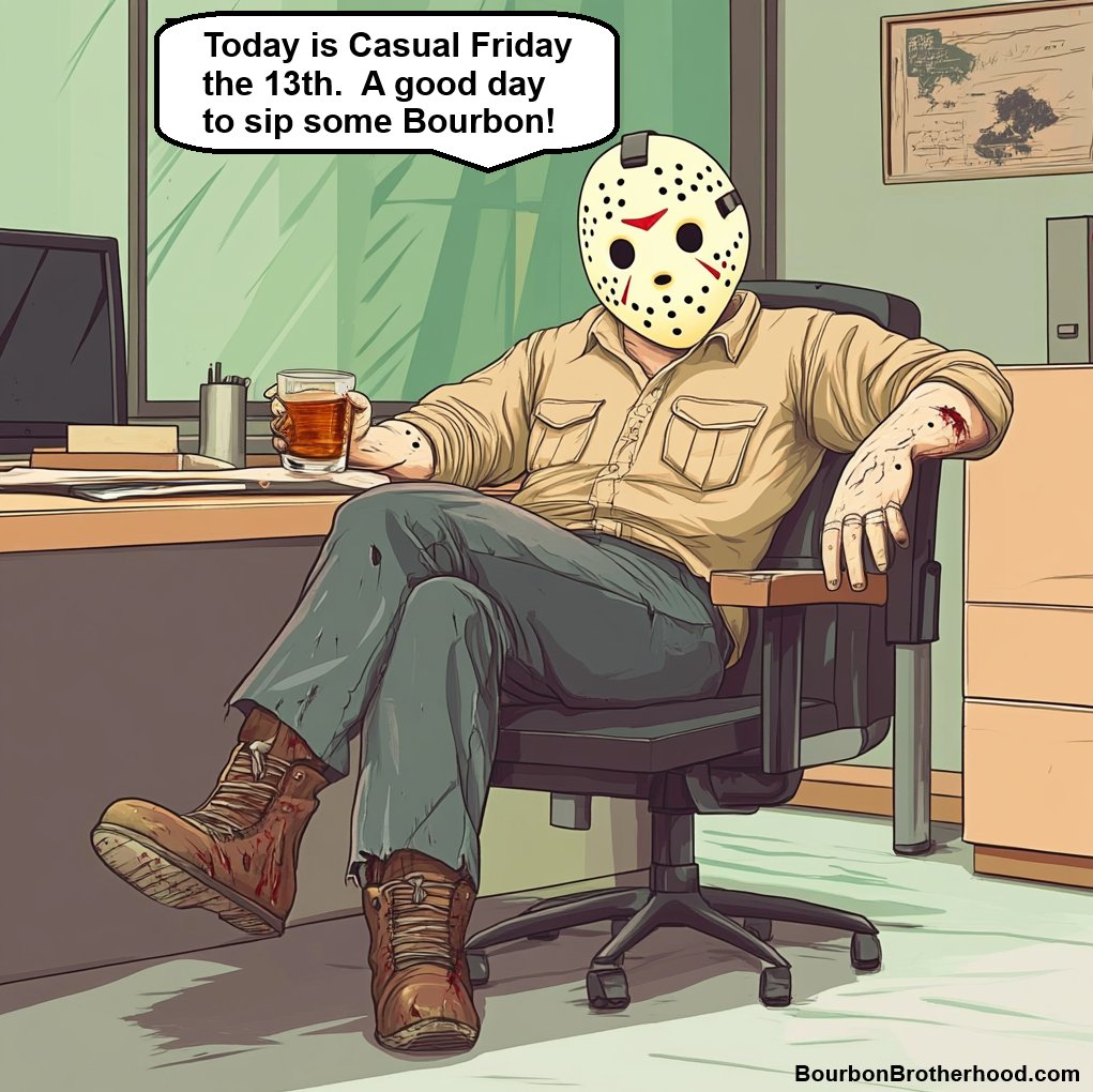 BourbonBrother's tweet photo. #bourbon #friday #fridays #tgif #fridaythe13th #casualfriday #casualfridays #whiskey #office #officehumor #meme #jasonvoorhees https://t.co/BWI5hFoH3W