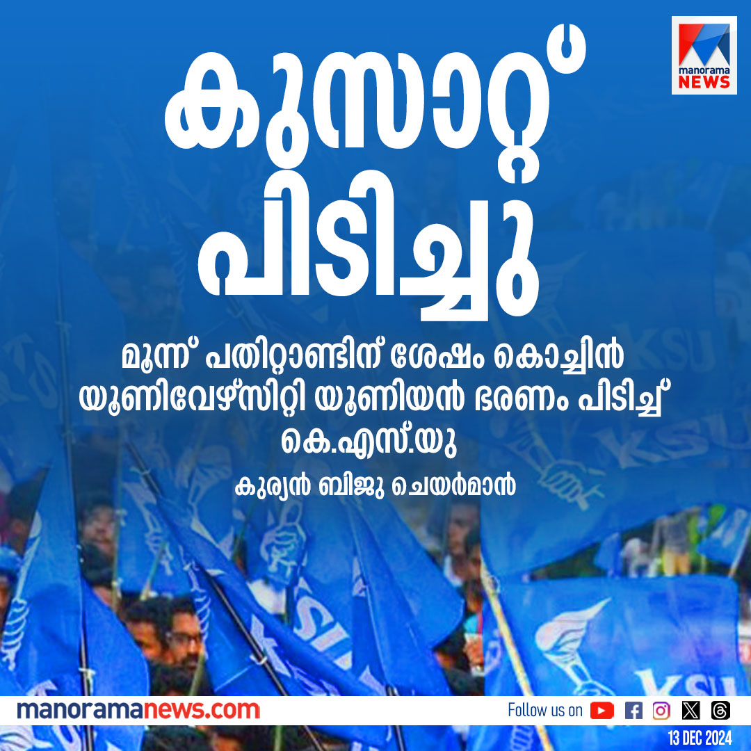 manoramanews's tweet photo. മൂന്ന് പതിറ്റാണ്ടിന് ശേഷം കുസാറ്റ് യൂണിയന് തിരഞ്ഞെടുപ്പില് കെ.എസ്.യുവിന് ജയം... #kusat #ksu https://t.co/6GXBvkcIyq