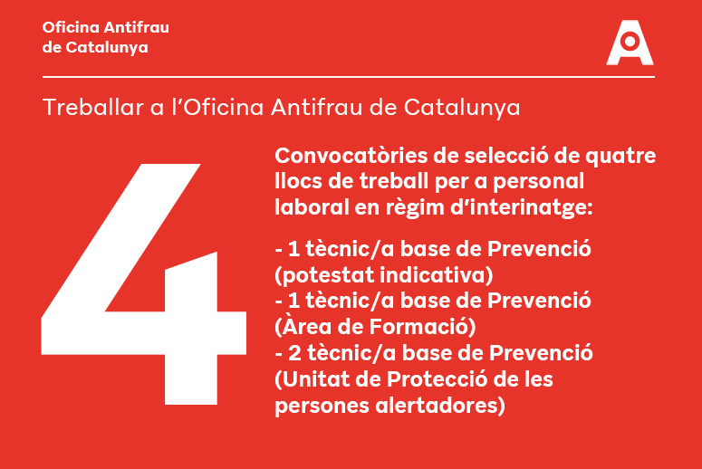 antifraucat's tweet photo. 📢 Convocatòria laboral a #Antifrau!
4 llocs de tècnic/a base de Prevenció en règim d'interinatge:
🔹 1 tècnic/a potestat indicativa (Dret)
🔹 1 tècnic/a Àrea Formació
🔹 2 tècnics/ques Unitat de Protecció
🗓 Termini fins al 23/12/2024
➕ℹ️ 👇https://t.co/nt81kO9v7Q
#OfertesFeina https://t.co/8uChSfdJic