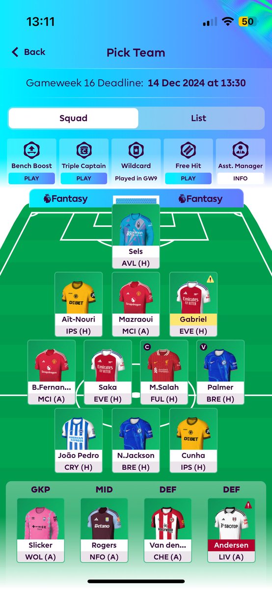 GW16 - 1 FT, £0.1m, defence is horrific but think I’m just gonna roll fk it. Need Gabriel and Andersen to recover asap