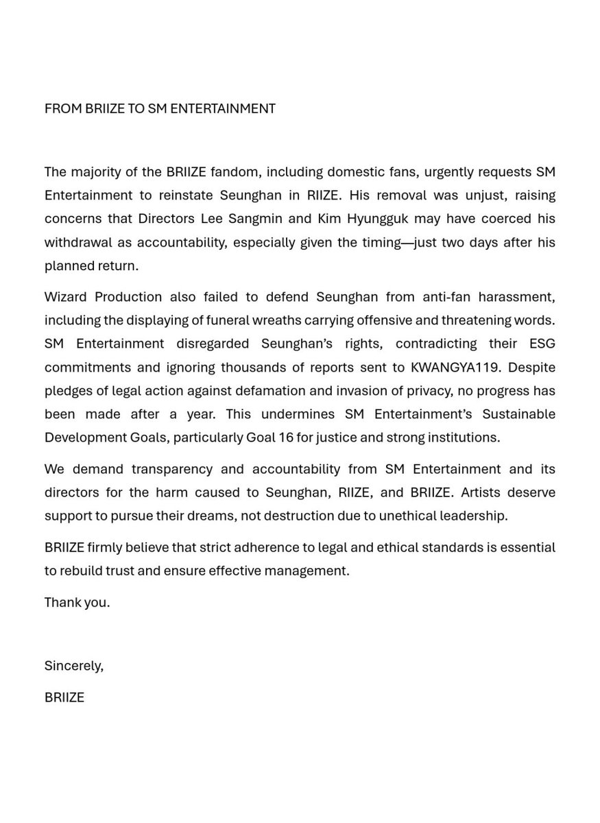 scorpeohottie's tweet photo. SM Entertainment MUST take a stand against the bullying and the wreaths protest that took place in October. Protect your artists and do what’s right! 

@SMTOWNGLOBAL @RIIZE_official https://t.co/7umOqErZHM