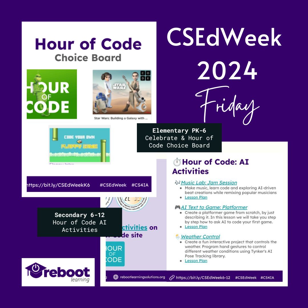 Reboot_Learning's tweet image. Celebrate the end of #csedweek with #hourofcode choice boards for PK-6 and 6-12. Get the choice boards and our curated resources from the week at buff.ly/3DfjiO2. #rebootlearning #rebootCSEdWeek #csed #hourofcode2024 #csedweek2024