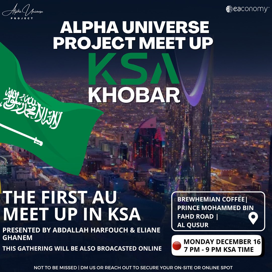The first-ever Alpha Universe Project Meetup in KSA is happening in Khobar! 🇸🇦
🎙️ Meet the Alpha Universe Leaders, to discuss a serious business opportunity

🌍 the gathering will also be broadcasted online!

👉 Register here to book your spot:
forms.gle/LbyU4AVJVpSSPF…