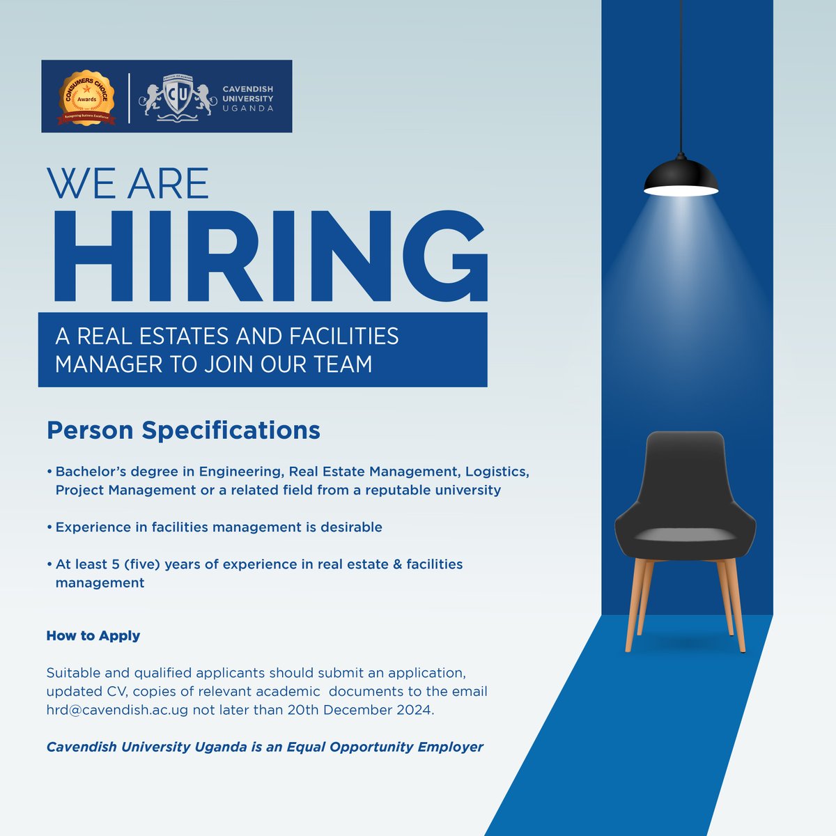 Exciting Opportunity! 

We seek a Real Estates and Facilities Manager to lead and optimize our University’s facilities. If you're passionate about creating a vibrant campus environment, apply today via cavendish.ac.ug/real-estates-a…  #SuccessBeginsAtCavendish