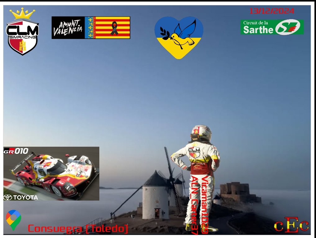 Hola hoy corremos la última ronda del <a href="/CECcomunidades/">CEC Campeonato Español De Comunidades</a> en el circuito de le mans será resistencia de unas 3 horas y con dos pilotos!!!

📺21.40 YouTube LOBO_23
🏁 <a href="/24hoursoflemans/">24 Hours of Le Mans</a> 🇫🇷
🏎️ <a href="/Toyota_Esp/">Toyota España</a> Gr010 GR1🇯🇵
🎮 <a href="/vicaman1029/">El tío vica</a> 
🎮 <a href="/1985Pirata/">Carter alien spain</a> 
🖌️By desingn <a href="/AJSF_design/">AJSF_design</a> 

#GoCLM