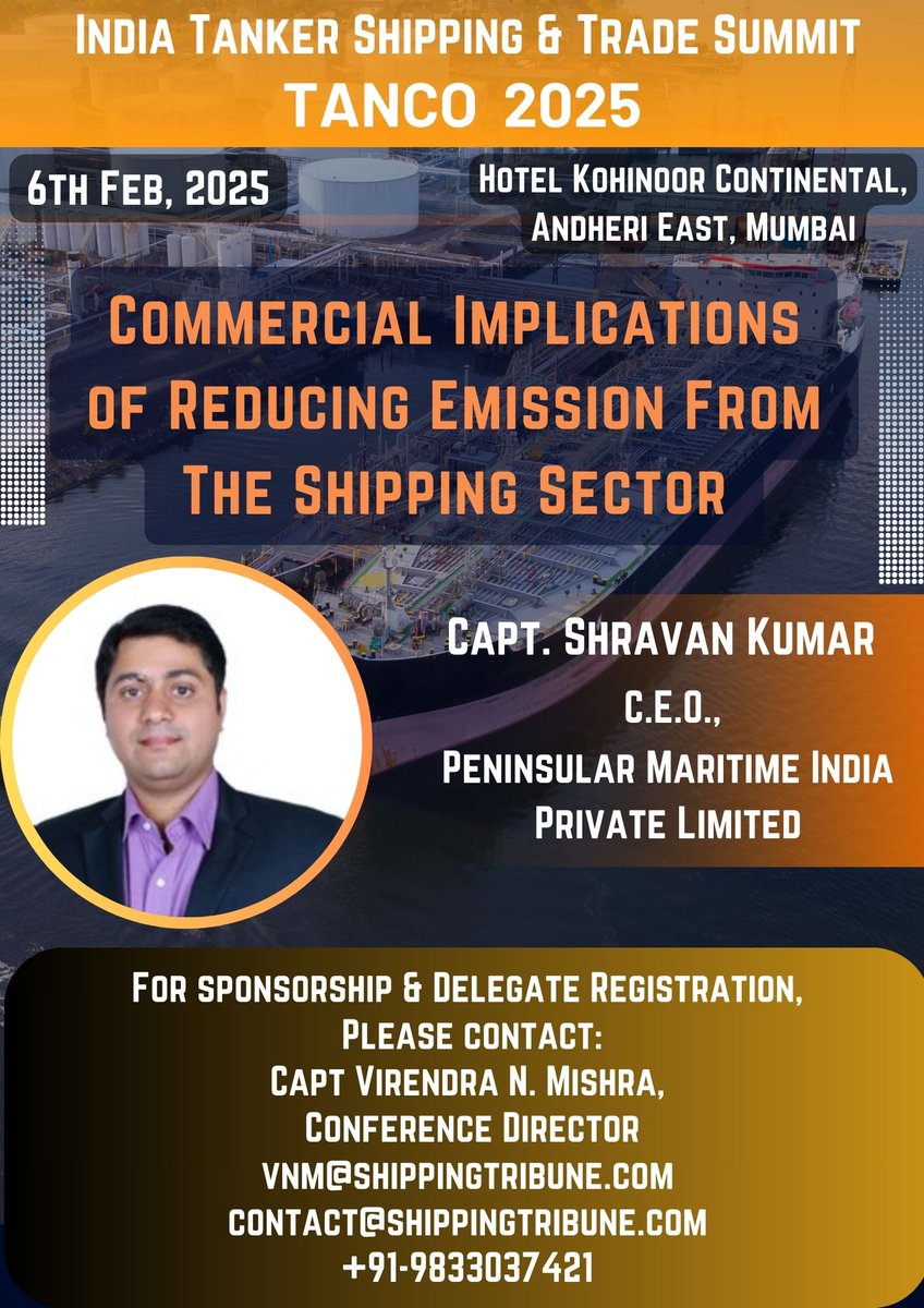 Commercial Implications of Reducing Emission From The Shipping Sector
Capt. Shravan Kumar, C.E.O., Peninsular Maritime India Private Limited to address the global audience at the 11th India Tanker Shipping &amp; Trade Summit
#india #tanker #shipping #tradesummit #captshravankumar