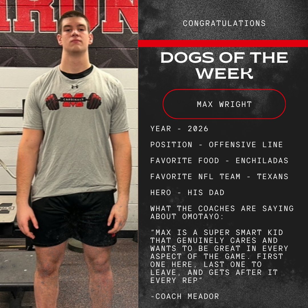 Travis Pickup (@coach_pickup) on Twitter photo These young men brought it every day and were our Dogs of the Week. Thank you to Jared, Omotayo, Nnanna, & Max for what they are doing for the TEAM #Train2Dominate
<a href="/jared_potucek/">Jared Potucek</a>
<a href="/Omotayo_Aka/">Omotayo Akapo</a>
<a href="/MaxWright_74/">Maximus Wright</a>
<a href="/FootballMelissa/">Melissa Cardinal Football</a> <a href="/MCardsRecruits/">Melissa Cardinals FB Recruiting</a> These young men brought it every day and were our Dogs of the Week. Thank you to Jared, Omotayo, Nnanna, & Max for what they are doing for the TEAM #Train2Dominate
<a href="/jared_potucek/">Jared Potucek</a>
<a href="/Omotayo_Aka/">Omotayo Akapo</a>
<a href="/MaxWright_74/">Maximus Wright</a>
<a href="/FootballMelissa/">Melissa Cardinal Football</a> <a href="/MCardsRecruits/">Melissa Cardinals FB Recruiting</a>