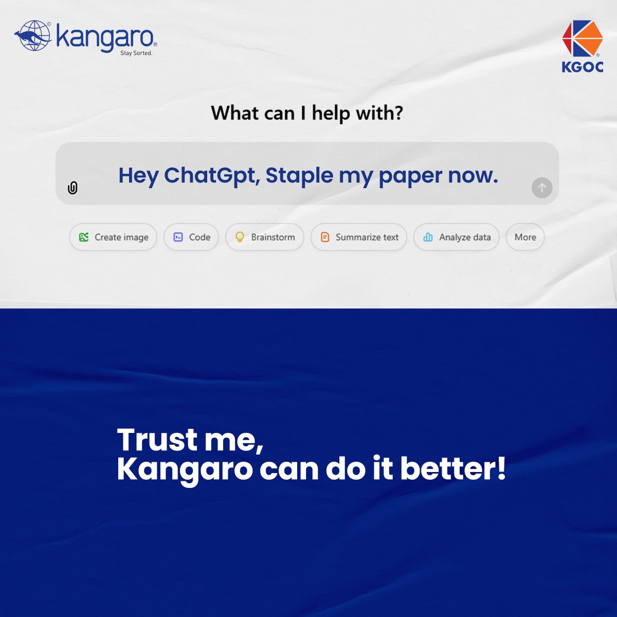 KangaroKGOC's tweet image. Hey ChatGPT, Staple my paper now!
ChatGPT: Sorry, I&apos;m great with words, but not with staples. 
That’s Kangaro’s job!
#StapleWithKangaro #ChatGPTApproved #Kgoc