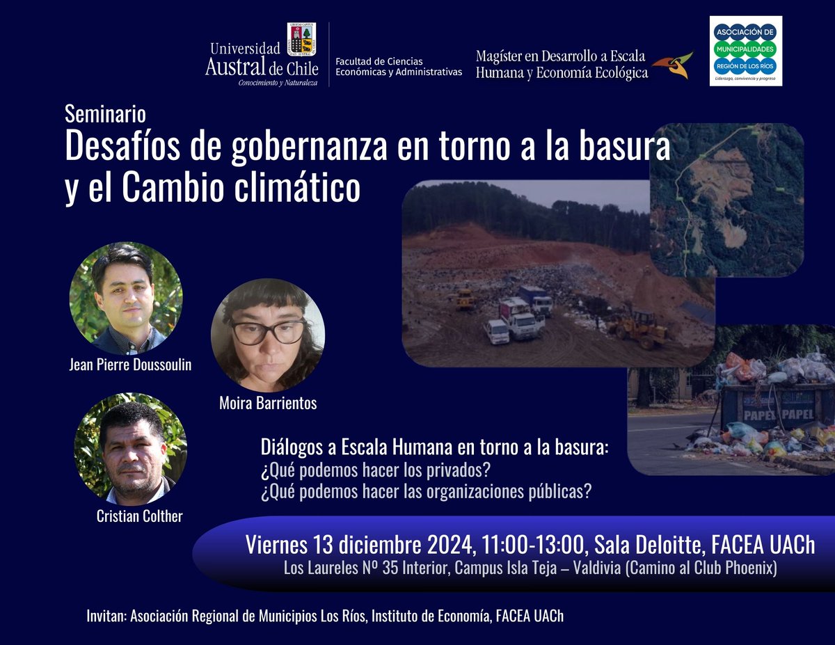 faceauach's tweet photo. Nos vemos a las 11:00 en la Sala Deloitte de FACEA @UAustraldeChile para conversar sobre gestión de residuos y desafíos de la gobernanza en esta materia! https://t.co/vyf4n9k3PZ