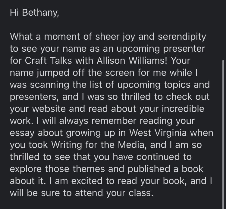 Bethany Jarmul (@bethanyjarmul) on Twitter photo Well, this email from an old college professor made my whole week!
She saw my upcoming webinar with <a href="/GuerillaMemoir/">Allison K Williams</a>’s Craft Talks and my book TAKE ME HOME with <a href="/BellePointPress/">Belle Point Press</a>! 😃☺️ Well, this email from an old college professor made my whole week!
She saw my upcoming webinar with <a href="/GuerillaMemoir/">Allison K Williams</a>’s Craft Talks and my book TAKE ME HOME with <a href="/BellePointPress/">Belle Point Press</a>! 😃☺️