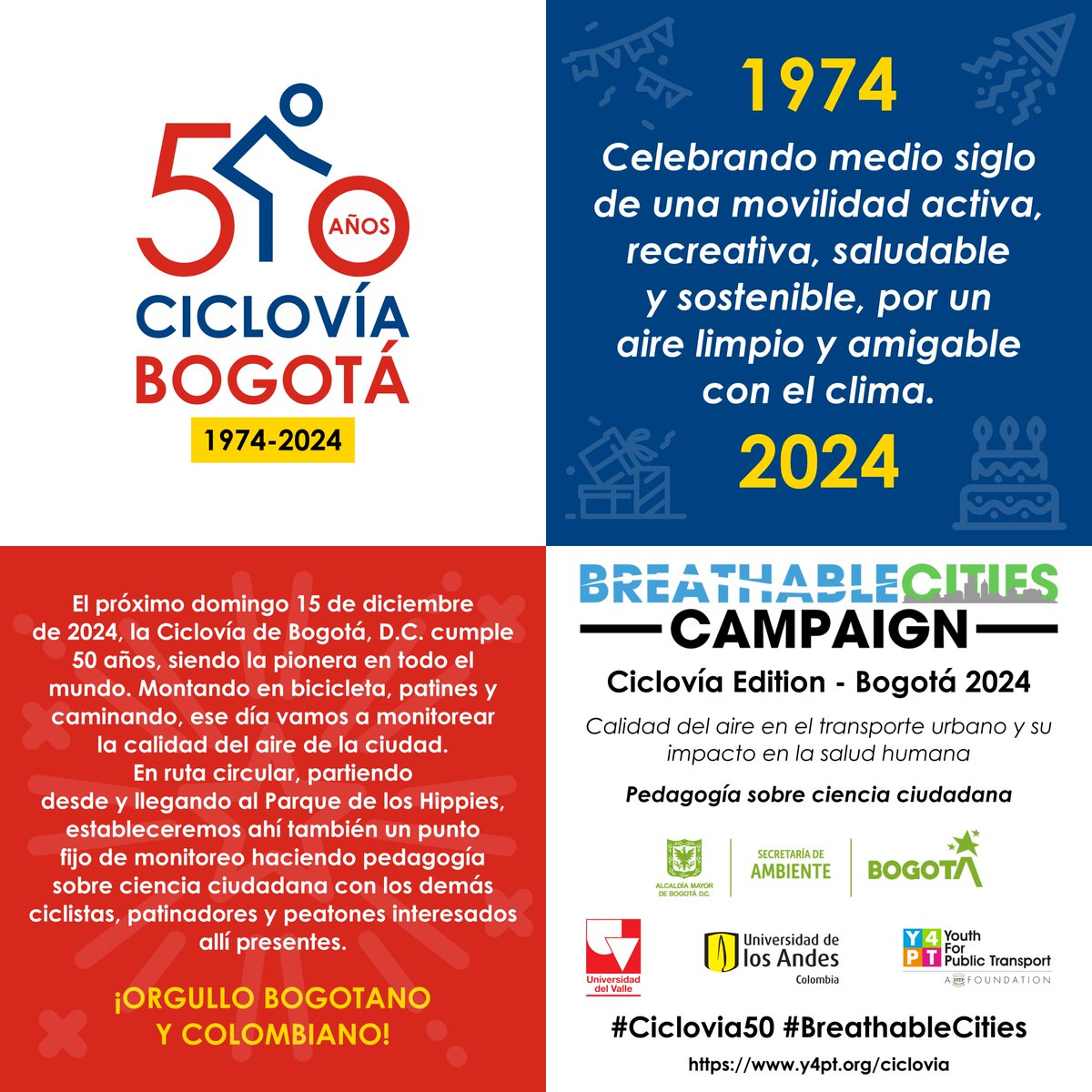 ⚠️ No te pierdas los 🎂 50 Años de la 🚲 Ciclovía de 🇨🇴 Bogotá

🗓️ Dom 15 Dic 2024
⏰ 08:00 a.m.
📌 Parque de los Hippies
🔗 y4pt.org/ciclovia

#Ciclovia #Ciclovia50 #BreathableCities #Bicicleta #CienciaCiudadana #MovilidadActiva #CalidadDelAire #CambioClimatico #AireLimpio