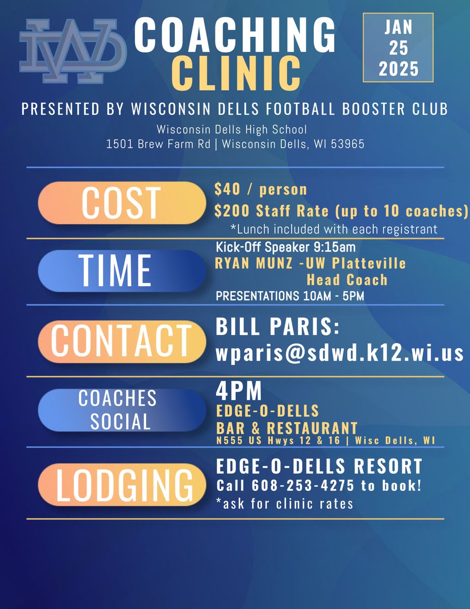 wparis3's tweet photo. WDHS clinic: HC Ryan Munz from UW-Platteville gets us started followed by this amazing group of leaders. January 25th - signup coming very soon. Come and learn, talk football, free lunch, and a great bash after at EdgeoDells. Who's got it better than us? 
https://t.co/odoBBXyM0s https://t.co/C9ttmzo1XU