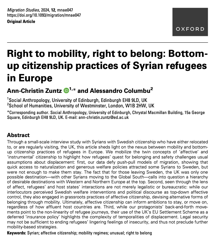 Migration Studies (@migrationjrnl) on Twitter photo What can the mobility and bottom-up citizenship practices of refugees in Europe reveal? In our latest article, <a href="/AnnZuntz/">Dr Ann Zuntz</a> and A. Columbu challenge conventional assumptions about displacement and belonging.
#OpenAccess
doi.org/10.1093/migrat… What can the mobility and bottom-up citizenship practices of refugees in Europe reveal? In our latest article, <a href="/AnnZuntz/">Dr Ann Zuntz</a> and A. Columbu challenge conventional assumptions about displacement and belonging.
#OpenAccess
doi.org/10.1093/migrat…