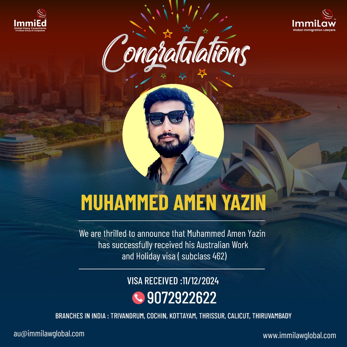 immilawglobal's tweet image. 🎉 Congratulations Muhammed Amen Yazin! 🎉

We are thrilled to announce that Muhammed Amen Yazin has successfully received his Australian Work and Holiday Visa (Subclass 462)! 🇦🇺✨

Visa on: 11/12/2024

📞+91 9072 922 622

#AustraliaVisa #Subclass462 #VisaApproved #ImmiLawGlobal