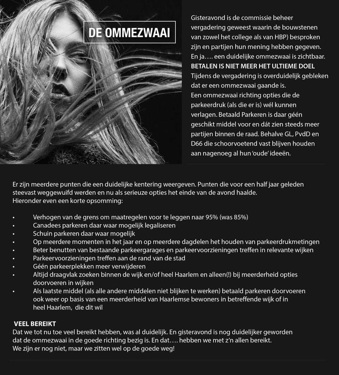 In #Haarlem raken steeds meer partijen overtuigd dat betaald parkeren géén oplossing is tegen een eventuele parkeerdruk. Andere opties zijn dat wel. Check de facebookgroep Haarlem Betaald Parkeren voor een stukje geschiedenis #eindelijk #ommezwaai #Referendum