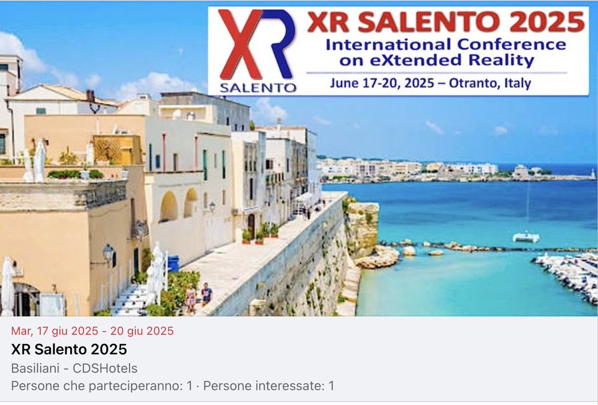 XRSalento's tweet photo. #XRSalento2025
https://t.co/UUXbQN7gQS
#savethedate ☺️

#AugmentedReality  #VirtualReality #MixedReality #ExtendedReality #ArtificialIntelligence #DigitalTwins https://t.co/o5SXVMyPXv