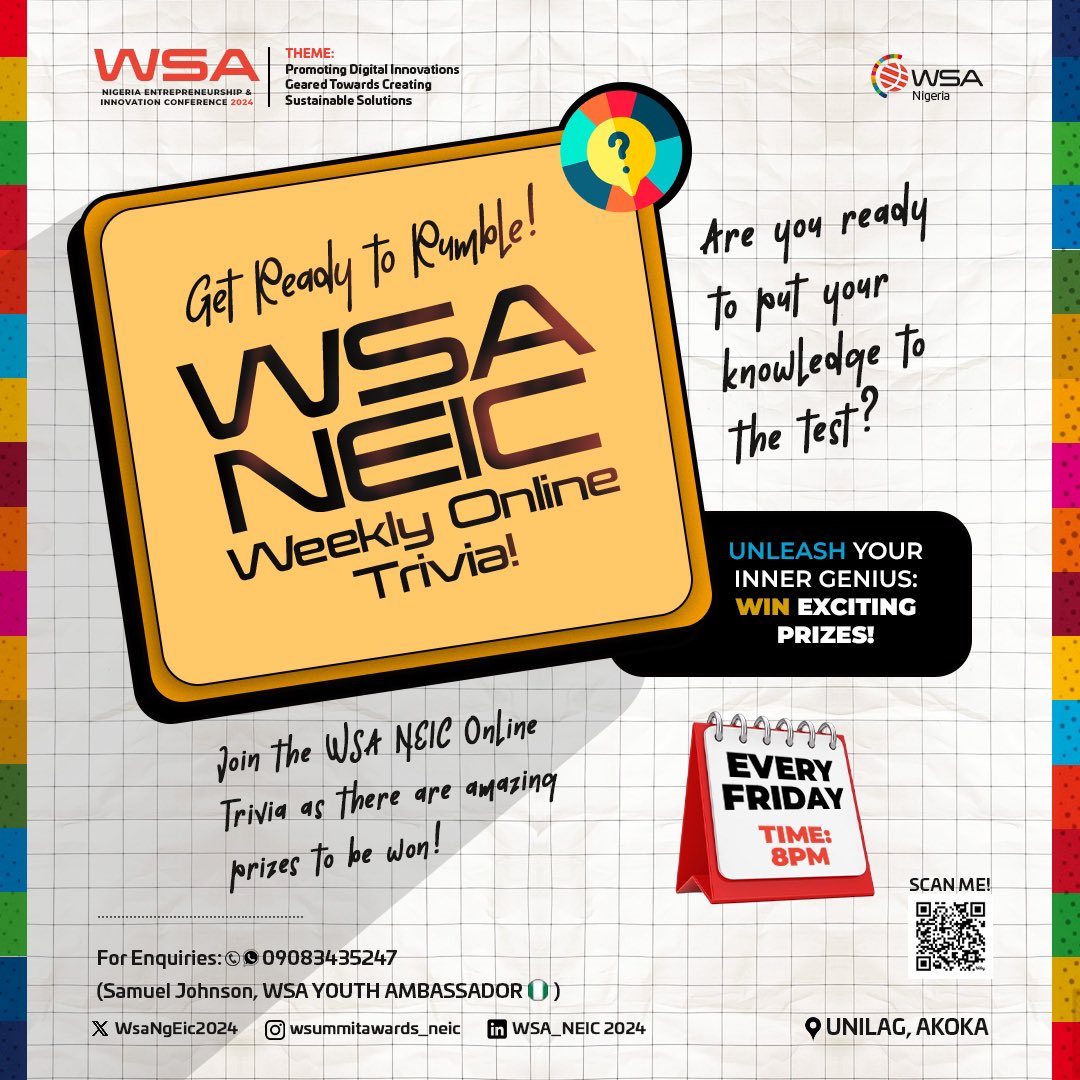 wsaNgEic2024's tweet photo. Think Fast, Win Big! 🏆 Join the WSA NEIC Online Trivia challenge TODAY @8PM and stand a chance to win amazing prizes! 🎁 https://t.co/7Xa3mkZBIF