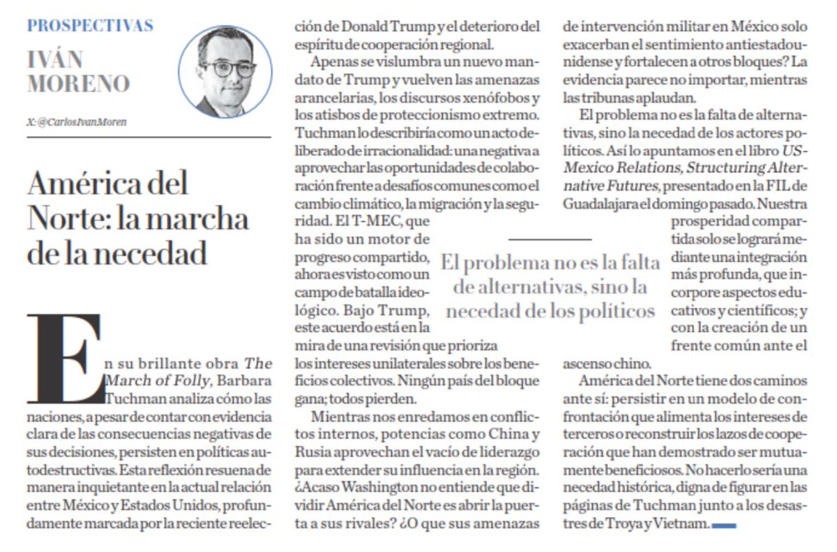carlosivanmoren's tweet photo. América del Norte tiene dos caminos ante sí: persistir en un modelo de confrontación que solo tiene dos beneficiarios: China y Rusia 

O reconstruir y fortalecer los lazos de cooperación mutuamente beneficiosos 🇲🇽-🇺🇸

¿Acaso Trump no entiende que dividir América del Norte es abrir is puerta a sus rivales? 

Se escribe un nuevo capítulo de “The March of Folly”, junto a los desastres históricos de Troya y Vietnam.

https://t.co/01nnZlY6zv