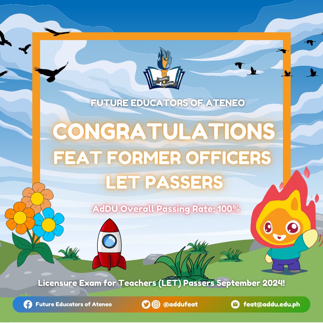 addufeat's tweet photo. The Future Educators of Ateneo proudly congratulate all the passers of the September 2024 Licensure Examination for Professional Teachers! 💙🧡 https://t.co/z9tRDO6BH4