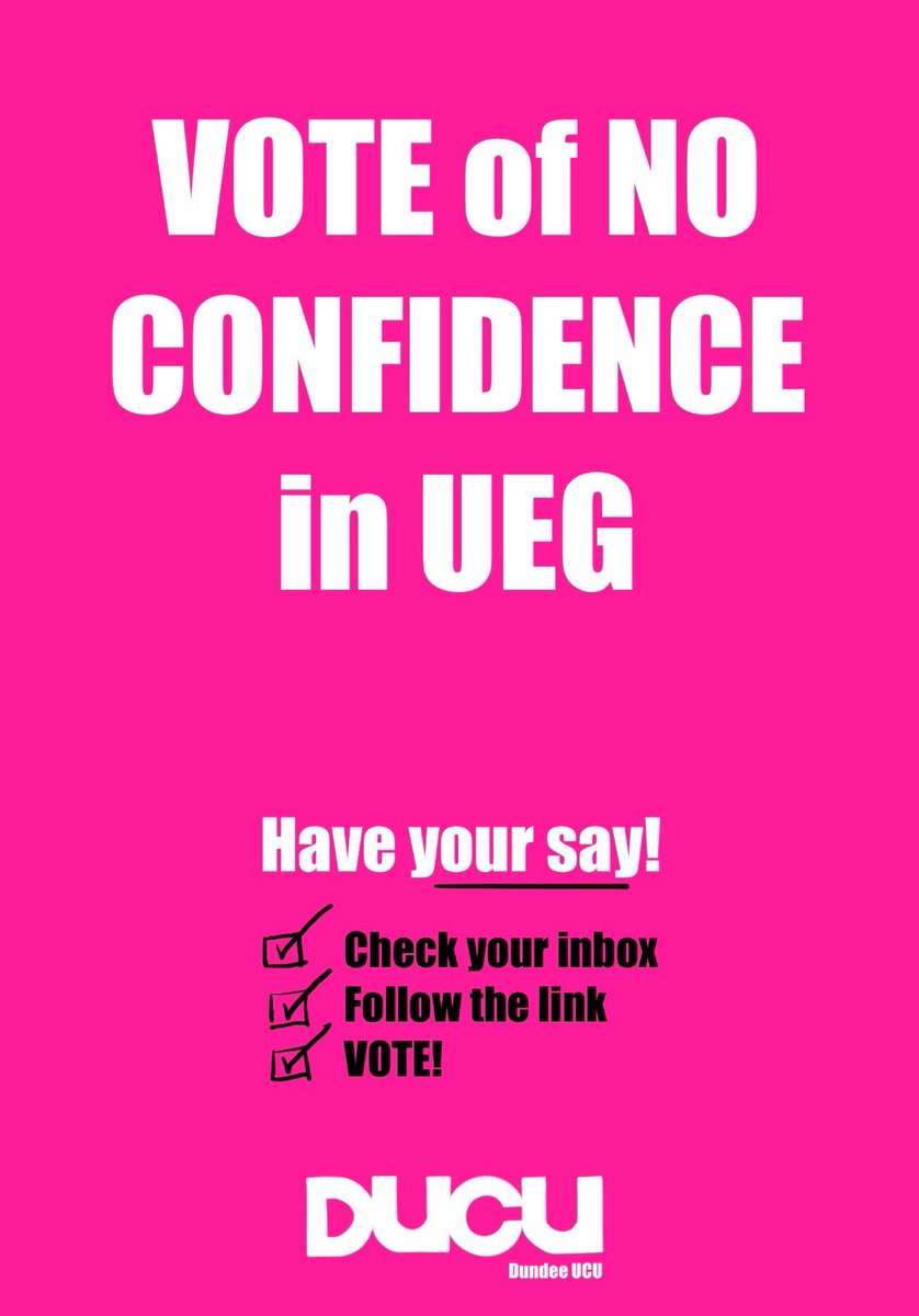 UoDUCU is pure raging #Savethe632 (@ducuuo) on Twitter photo During the massive Townhall meeting yesterday we launched a staff vote of no confidence in UEG alongside our sister unions <a href="/UnisonOf/">UNISON University of Dundee</a> & <a href="/uodunite/">UoDUniteBranch</a>.
If you’re staff at UoD check your inbox and #voteEarly. During the massive Townhall meeting yesterday we launched a staff vote of no confidence in UEG alongside our sister unions <a href="/UnisonOf/">UNISON University of Dundee</a> & <a href="/uodunite/">UoDUniteBranch</a>.
If you’re staff at UoD check your inbox and #voteEarly.