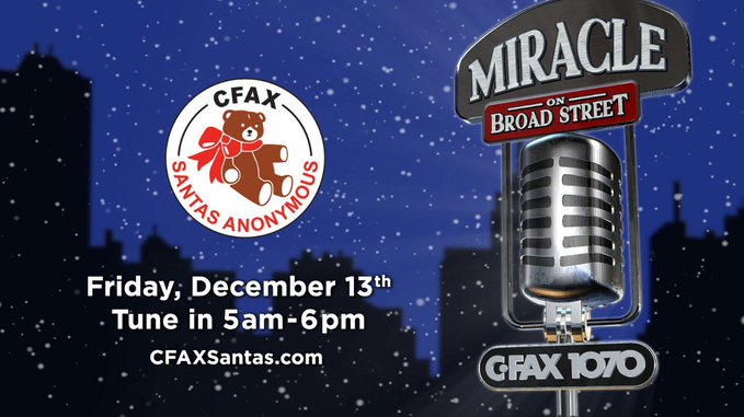 The Miracle on Broad Street Radiothon for @CFAXsantasis underway! The fundraiser is live on cfax1070.com from 5am to 6pm . Call 778 - 561- 1070 or donate on line at cfaxsantas.com to help Victoria children and families