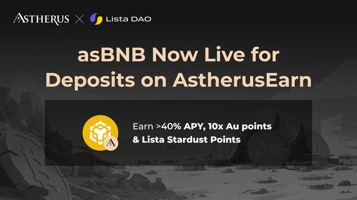 Aster_DEX's tweet photo. 1️⃣ asBNB Live on AstherusEarn
🚀 In collaboration with @lista_dao , we're thrilled to unveil asBNB, now live on #AstherusEarn!
Staking slisBNB on Astherus lets you mint asBNB. Earn >40% APY from multiple sources of rewards:
✨ 32%+ APY from Binance Launchpool rewards.
✨ 19 @lista_dao Stardust for every $1 value of asBNB minted (Stardust = Lista DAO airdrop allocation).
✨ 10x Au Points Multiplier for Astherus airdrop.
✨ BNB Staking Rewards.
🔒 With stringent risk control measures and fully audited smart contracts, asBNB offers safety, high yields, and maximized slisBNB utility. Learn More 👇
https://t.co/sTS3bS7WEW
https://t.co/KKA5cRJerB