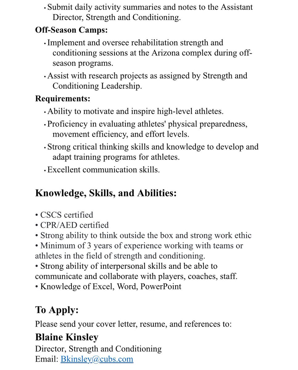 Blaine Kinsley (@strengthbk37) on Twitter photo The <a href="/Cubs/">Chicago Cubs</a> are hiring! We currently have an exciting opportunity for a Rehab Strength and Conditioning Coach to join our team.
If you’re passionate about helping athletes optimize their performance, this is your chance to make an impact.
Come join the team! The <a href="/Cubs/">Chicago Cubs</a> are hiring! We currently have an exciting opportunity for a Rehab Strength and Conditioning Coach to join our team.
If you’re passionate about helping athletes optimize their performance, this is your chance to make an impact.
Come join the team!