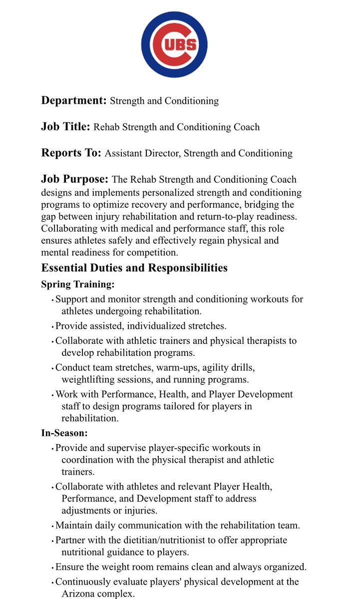 strengthBK37's tweet photo. The @Cubs are hiring! We currently have an exciting opportunity for a Rehab Strength and Conditioning Coach to join our team.

If you’re passionate about helping athletes optimize their performance, this is your chance to make an impact.

Come join the team! https://t.co/eKSWxekoIK