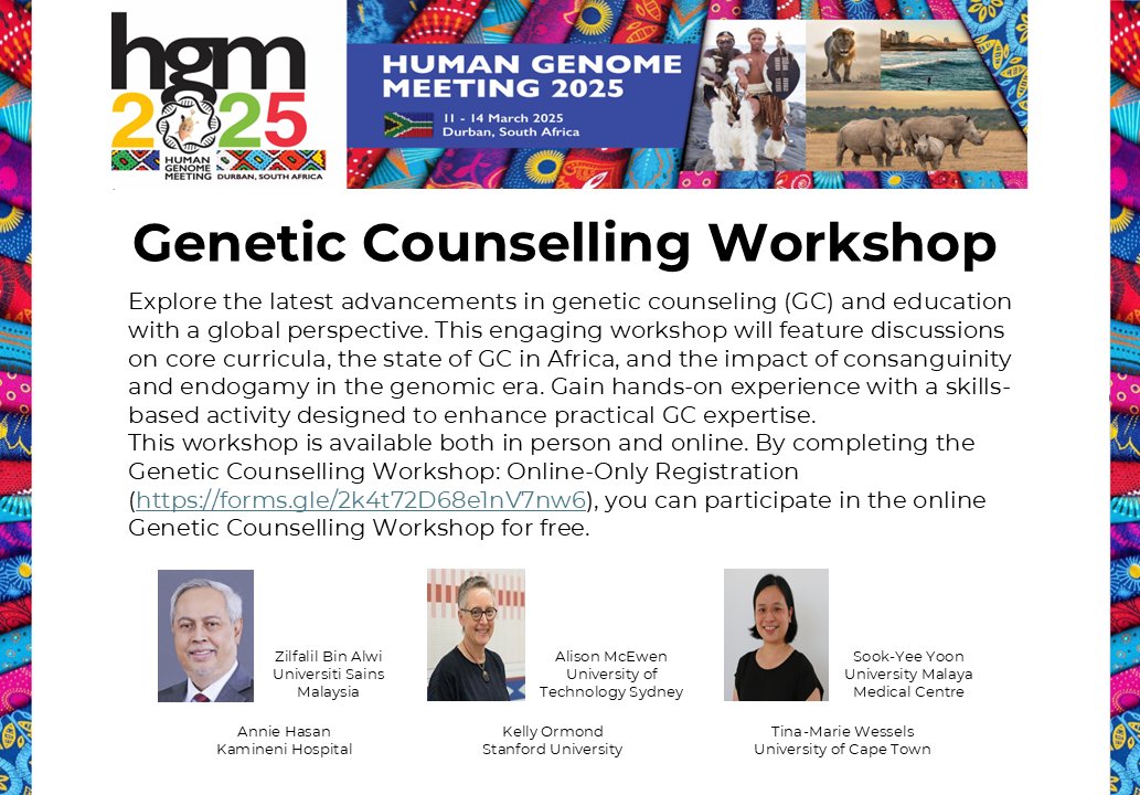 Genetic Counselling workshop will take place on March 11th at University of KwaZul-Natal from 1PM to 5PM (South Africa Time) and will also be available online via Zoom. 

Register for GC Workshop; Online-Only Registration: forms.gle/2k4t72D68e1nV7…