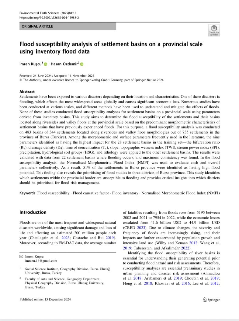 #PaperAlert Our study on flood susceptibility analysis of settlement basins in Bursa province has been published. Enjoy your reading. w/<a href="/ozdemir_hasan/">Hasan Özdemir</a> doi.org/10.1007/s12665…