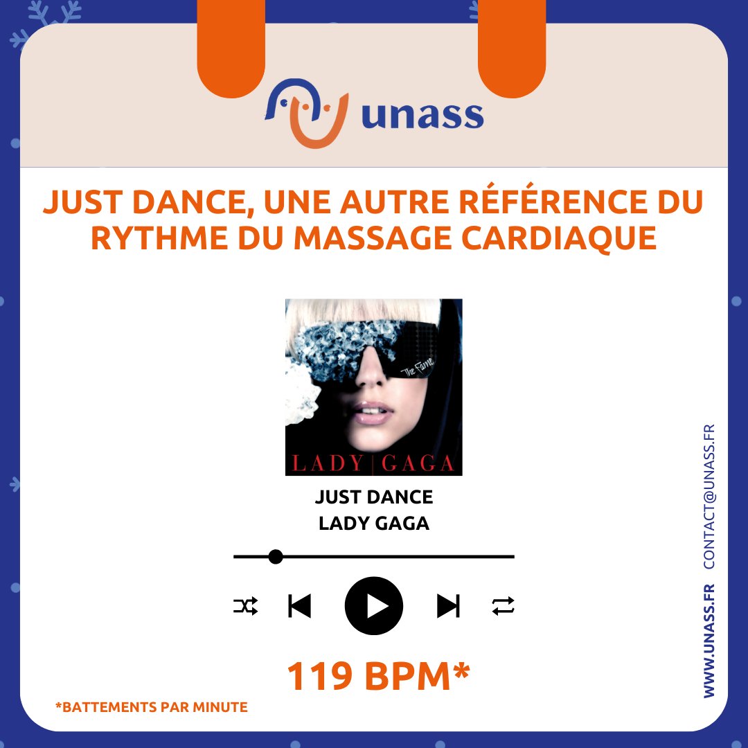 UNASS_fr's tweet image. Lors d'une urgence cardiaque, il est essentiel de pratiquer le massage cardiaque avec un rythme précis pour maximiser les chances de survie. Saviez-vous que la chanson "Just Dance” de Lady Gaga est parfaite pour cela ?

#UNASS #calendrier #secourisme #premiersecours