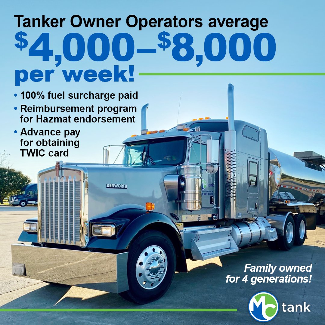MCTankTransport's tweet photo. A partnership with MC Tank means big business for your truck. $4,000–$8,000 per week is just the beginning.

Learn more here: https://t.co/LlJsD8V2WM https://t.co/LtP9xF3o2G