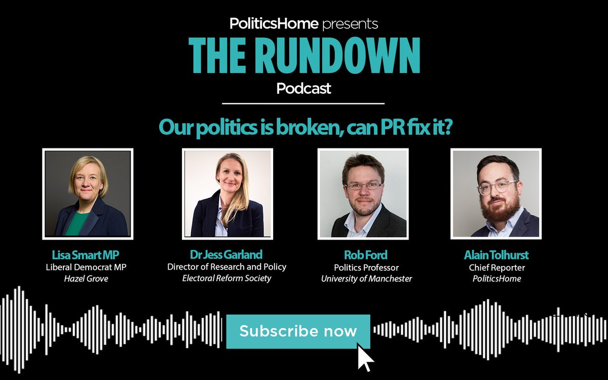 politicshome's tweet photo. 🚨OUT NOW🚨 Our politics is broken, can PR fix it?

Lib Dem MP @Lisa_Smart, the Electoral Reform Society's Dr Jess Garland, and Politics Professor @robfordmancs, join @alain_tolhurst to discuss whether fragmentation is here to stay

🎧 Listen now: https://t.co/FL0QcjDKQj https://t.co/NYIFBzbJ7L